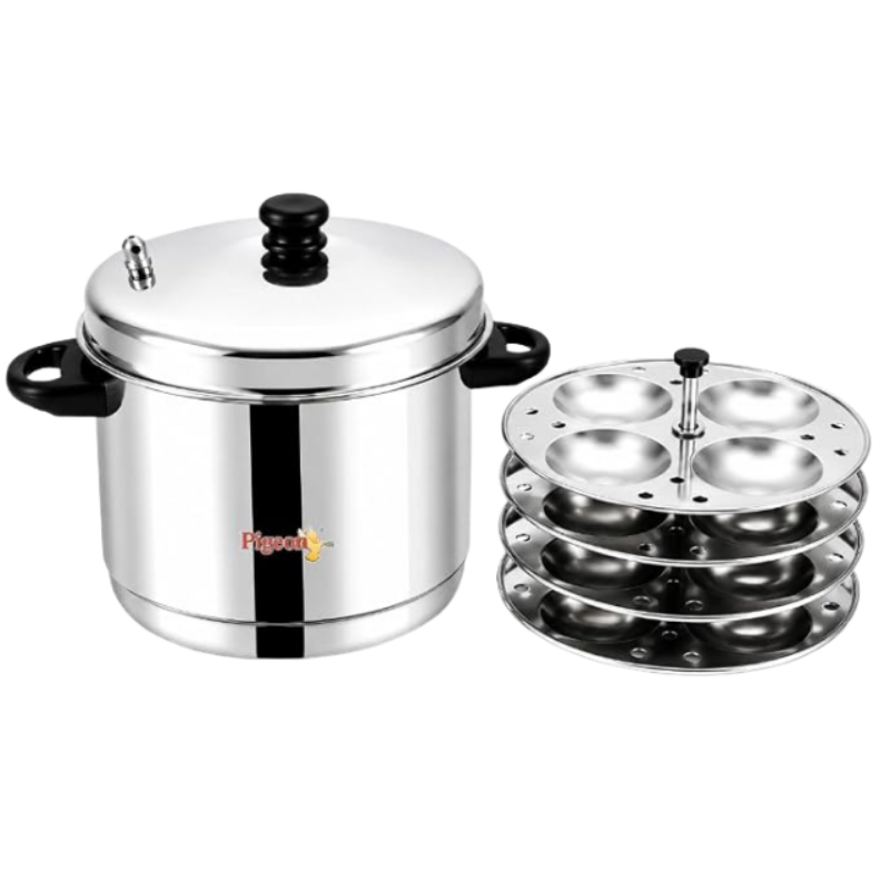 Pigeon Favorite Stainless Steel Idli Cooker with Whistle Indicator | Idly Cooker Pot | Steel Idli Maker with Silver Lid - 4 Plates (for 16 Idlies)
