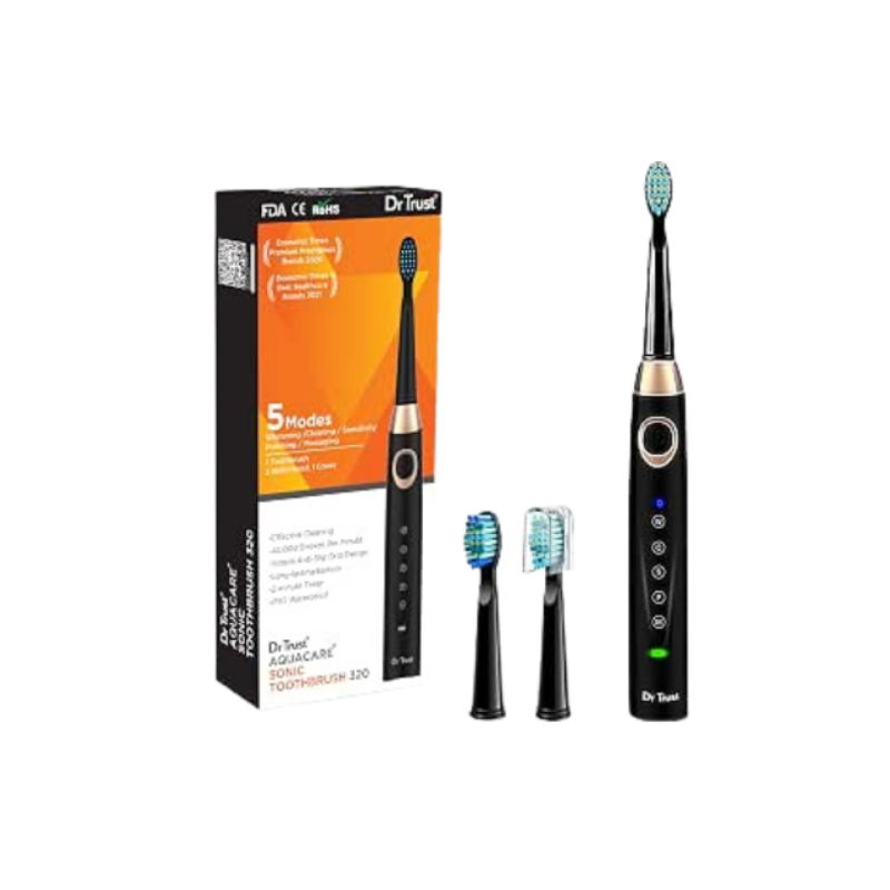 Dr Trust Adult Aquacare Sonic Rechargeable Waterproof Automatic Toothbrush For Men And Women With 40,000 Strokes/Minute Having 2 Replaceable Brush Heads(Black)-320, 2 pieces