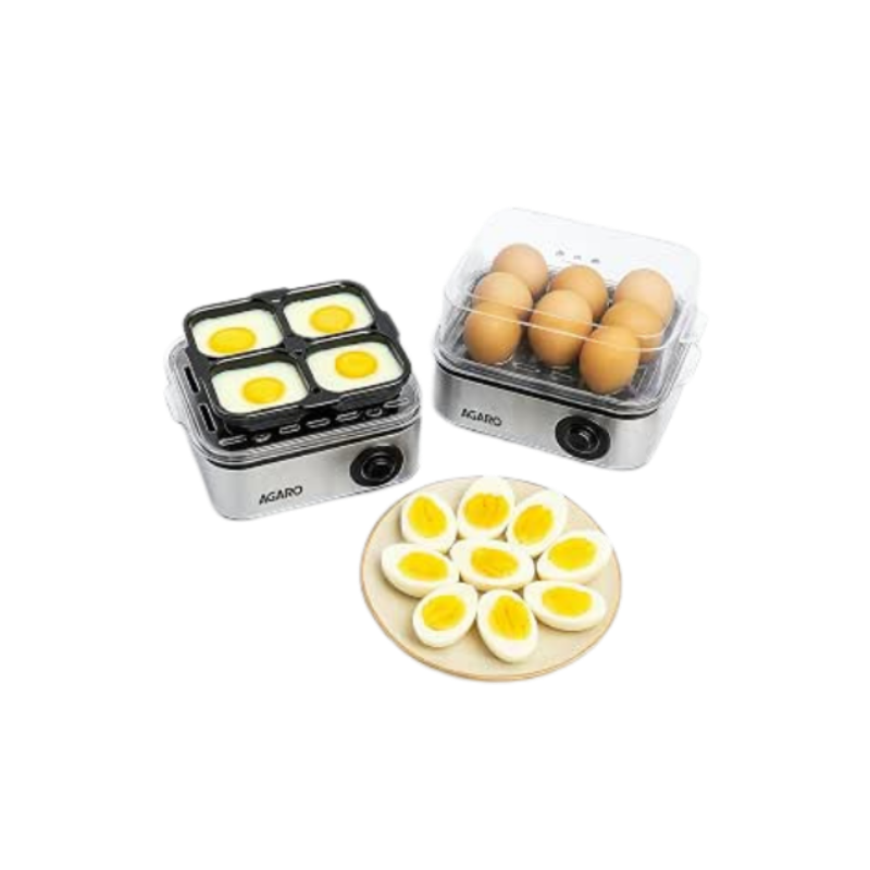AGARO Grand Egg Boiler And Poacher, 2-in1 Boils 8 Eggs, Poach 4 Eggs, Steamed Vegetables, 3 Boiling Modes, Stainless Steel Body, Transparent Lid, 500W, Silver