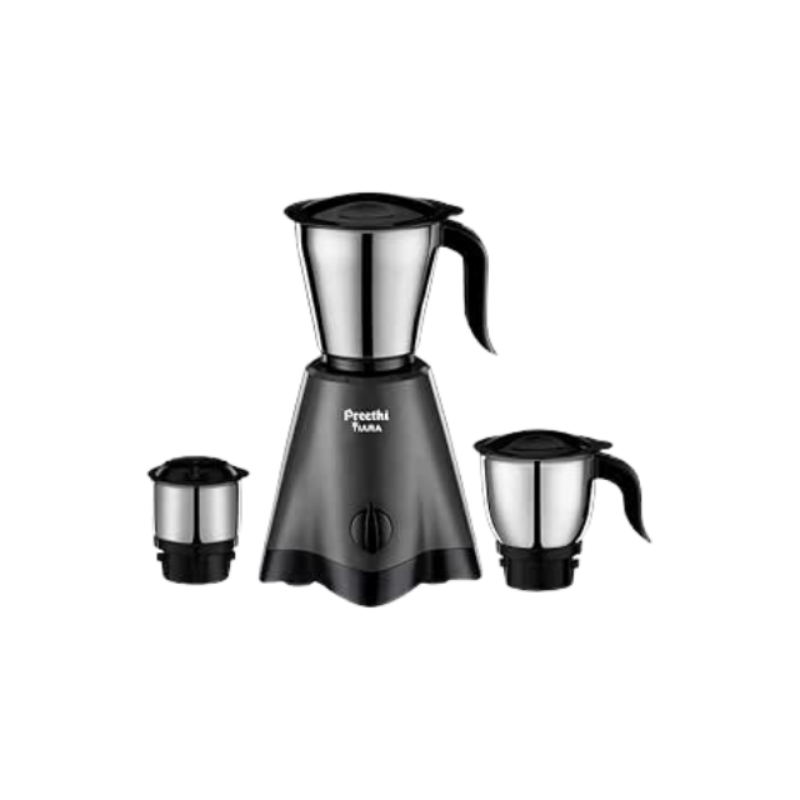 Preethi Tiara Mixer Grinder for Kitchen | 500 Watt Mixie | 3 Stainless Steel Jars (0.3L, 0.7L and 1.2L) | Grey & Black Including 5 Years Free Service With Life Long Service Support