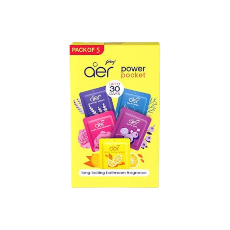 Godrej aer Power Pocket Air Freshener- Bathroom And Toilet Lasts Up To 30 Days Assorted Pack Of 5 (50G), Multicolour, 40017848