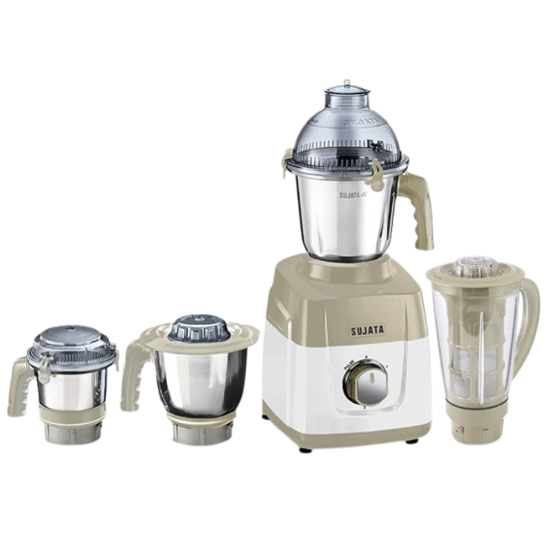 Sujata MG03 Mixer Grinder |1000 Watts Double Ball Bearing Motor|24000 RPM|Non-Stop 90 Mins Running|4 Jars including 1750ml Blender with Coconut Milk Extractor, 1500ml, 1000ml, 500ml Jar| Beige & White
