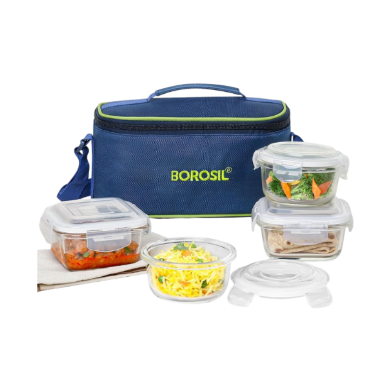 Borosil ITSQ32RN24UEC Glass Universal Lunch Box Set of 4, (2pcs 320 ml sqr + 2pcs 240 ml Rnd) Microwave Safe Office Tiffin