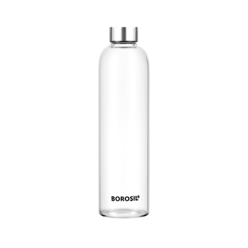 Borosil Crysto Slim Glass Water Bottle, Water Bottle for Fridge, Borosilicate Glass, Extreme Temperature Resistant, For Hot & Cold Water, Milk, Lassi, Juice, SS Lid, 1 L, Stylish & Transparent