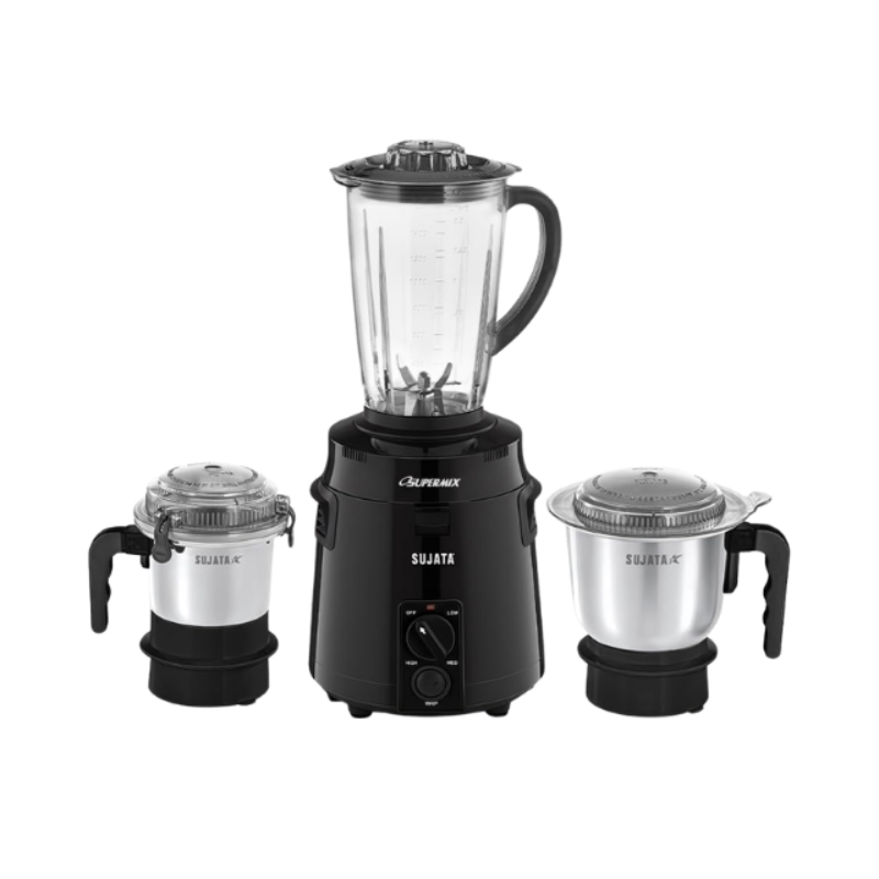 Sujata Supermix Mixer Grinder | 900 Watts Double Ball Bearing Motor | 22000 RPM | Non-Stop 90 Mins Running | 3 Jars including 1750ml Blender, 1000ml Grinder, 500ml Chutney Jar | Black